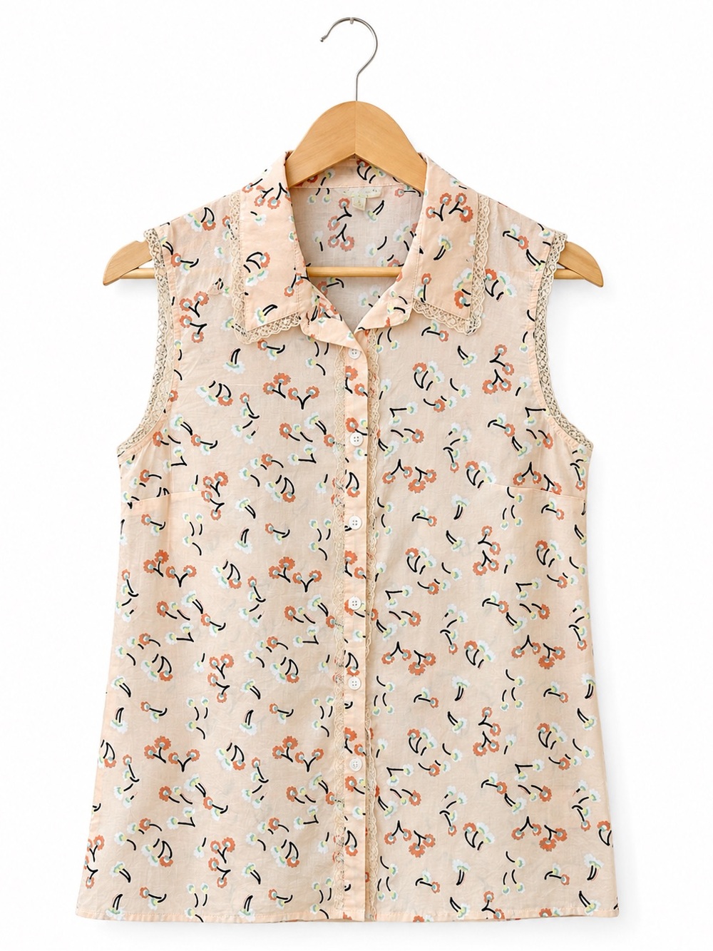 ModCloth Sleeveless Blouse S Small Pink Cherry Blossom Crochet Trim Button Up